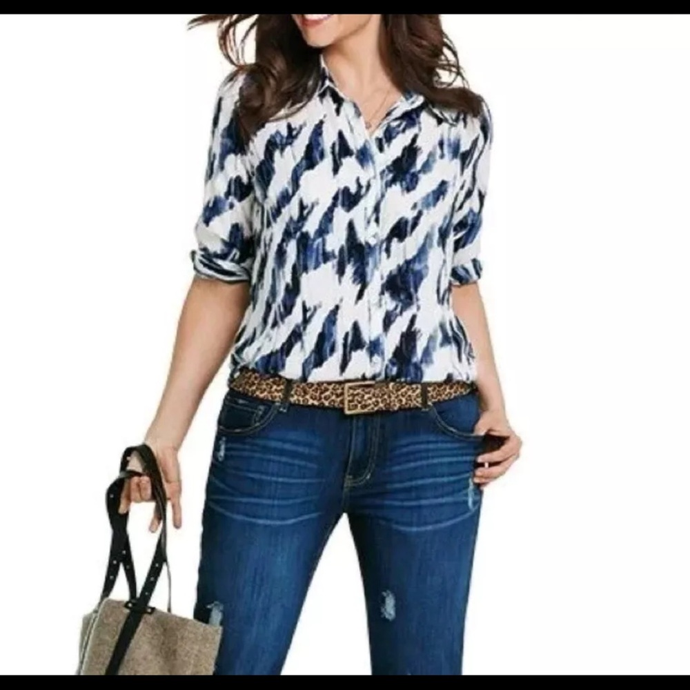 Cabi Moody Blues Button UP Blouse Navy/ White  longsleeve women's Sz M